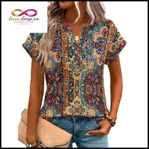 Short Sleeve V-Neck Blouse, Stretch Polyester Spandex, S-3XL, Work Casual